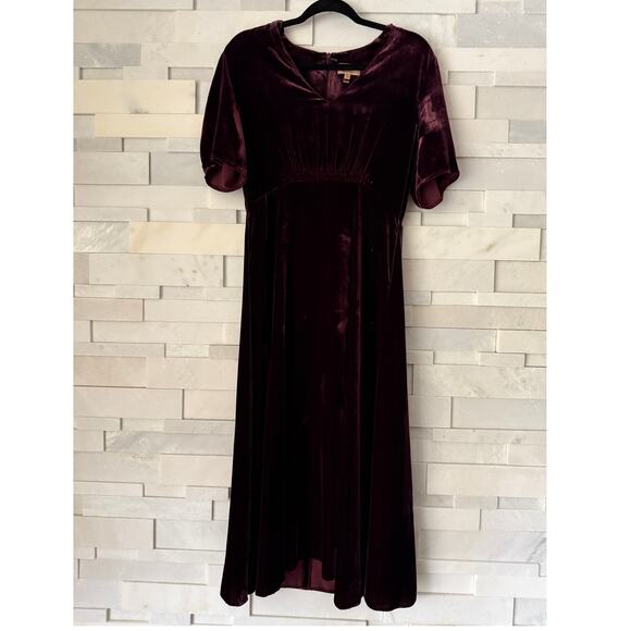 KACHEL BY ANTHROPOLOGIE Silk Velvet V-neck Short Sleeve Midi Dress 12 Burgundy - Picture 1 of 7